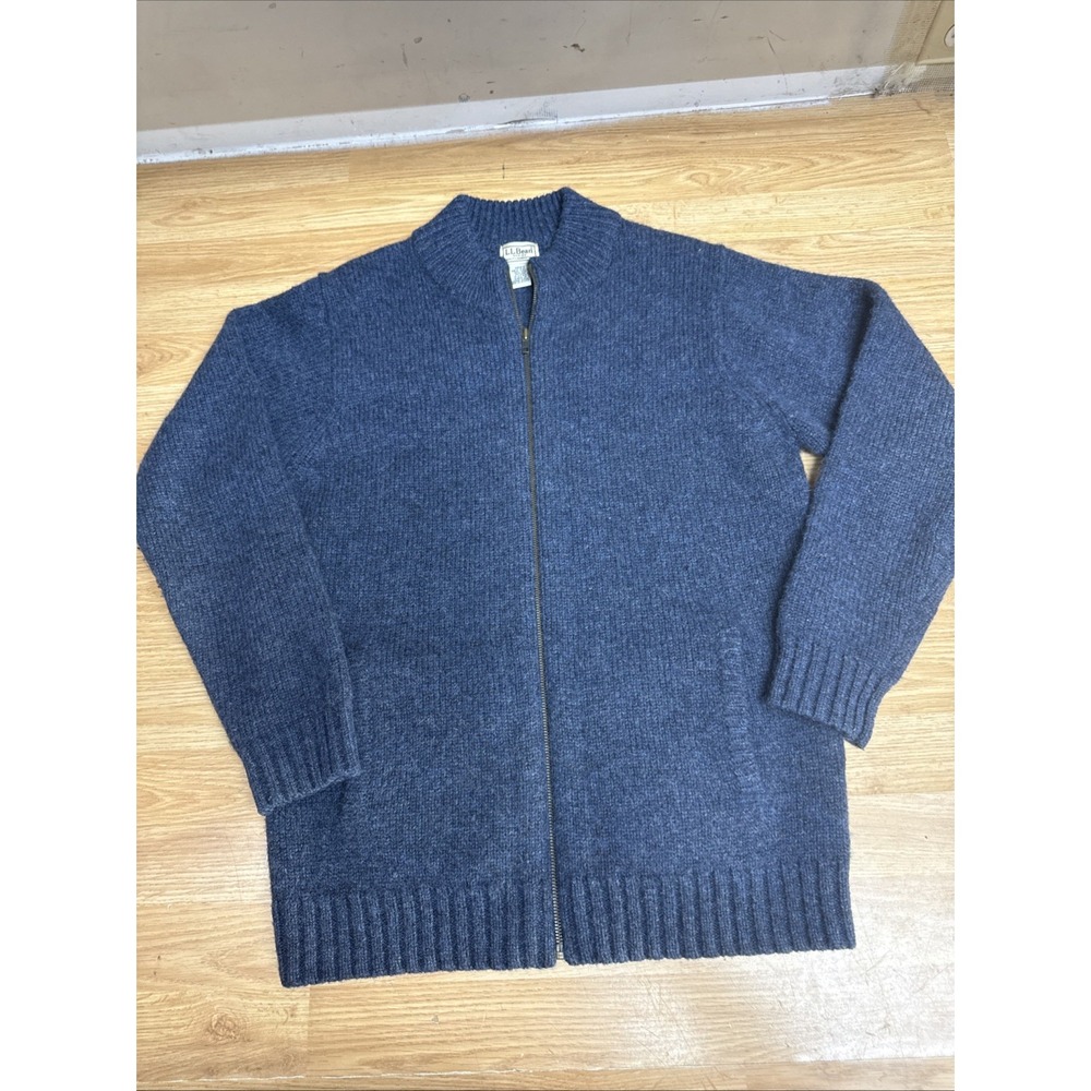 Vntg LL Bean Full Zip Sweater Made in Hong Kong 100% Shetland Wool Mens Med Tall